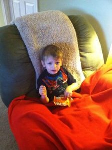 Davey enjoying a morning snack and the movie Star Wars.  